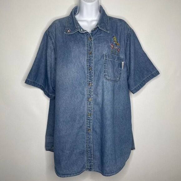 Vintage Y2K Looney Tunes Tweety Bird Embroidered Denim Short Sleeve Shirt - Picture 1 of 8